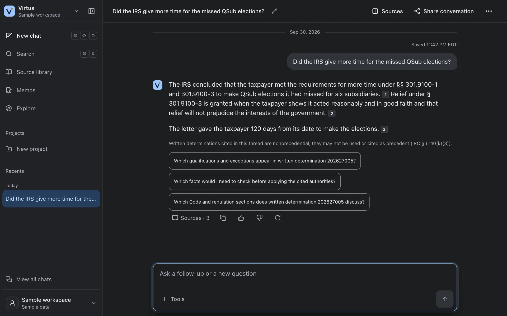 A research conversation in the sample workspace: a question about missed QSub elections, an answer citing IRS Private Letter Ruling 202627005 with numbered citations, and the composer for a follow-up.