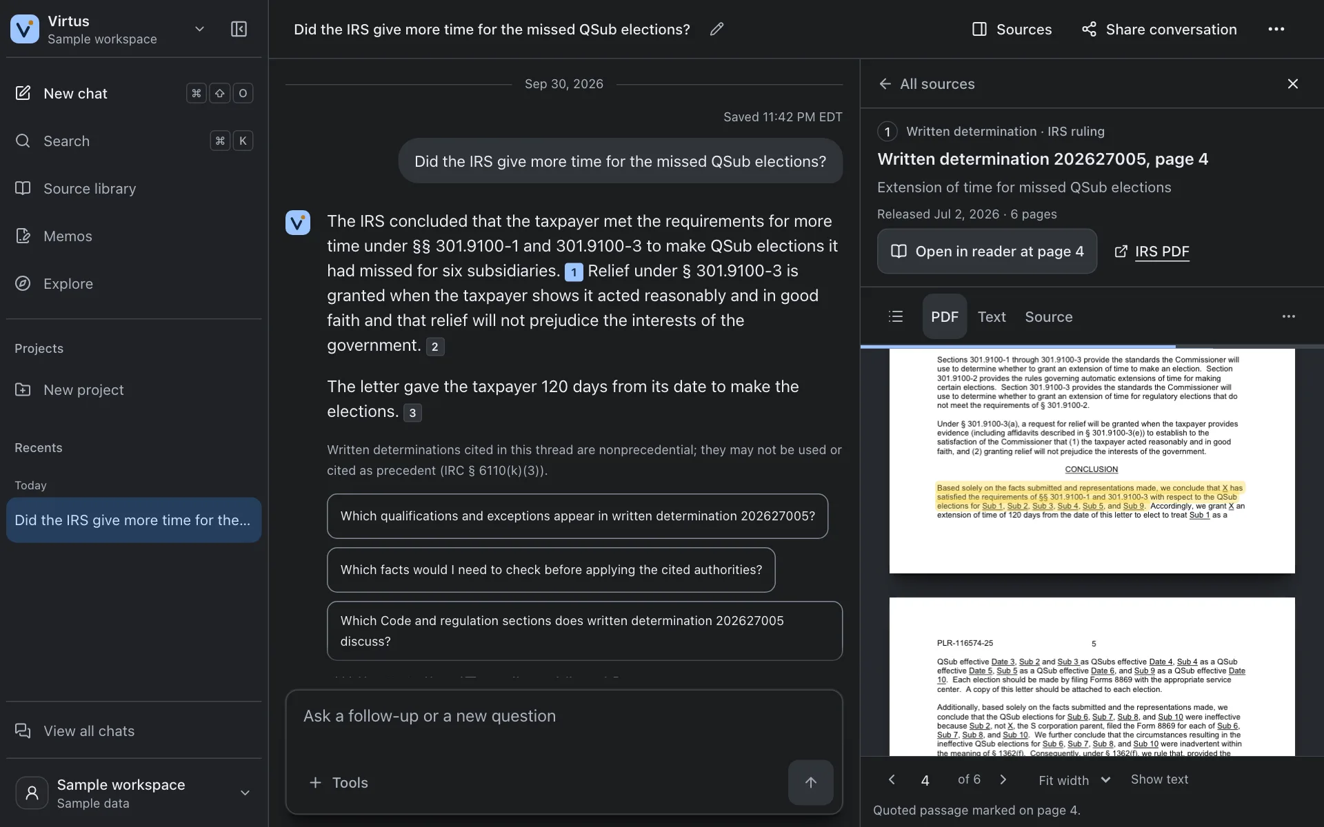 Citation 1 opened beside the conversation in the sample workspace: IRS Private Letter Ruling 202627005 at page 4, with the conclusion passage marked and the ruling’s nonprecedential status.